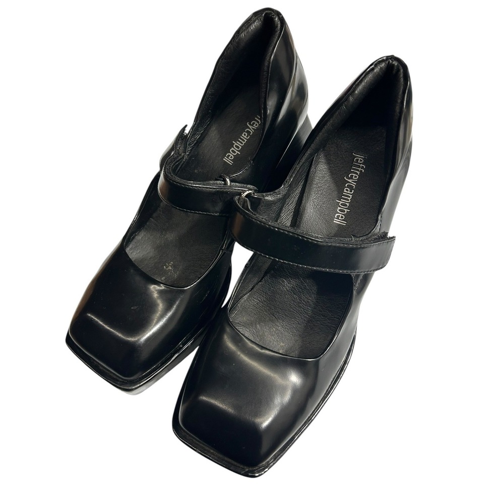 Jeffrey‎ Campbell Reine Black Leather Square Toe Platform Mary Jane Pumps Size 7